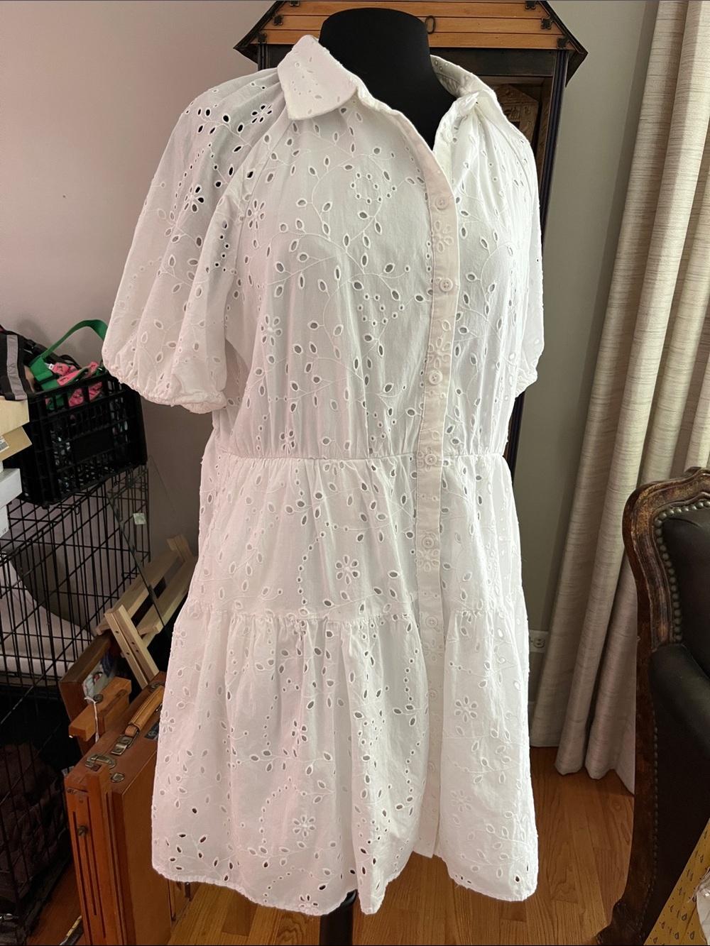 White Eyelet Tiered Mini Dress with Button Front